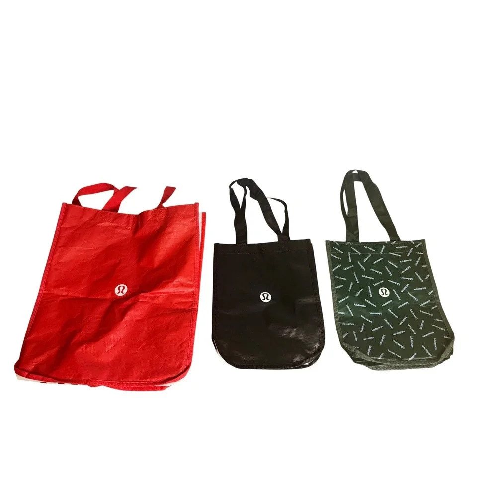 Lululemon Reusable Tote Bag Bundle Set of 3‎ Red Black Green Logo Shopping Bags